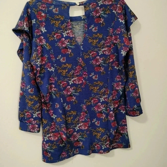 Free People Top Blue Floral Pattern Size Large Long Sleeves Ruffle Keyhole Back - Picture 7 of 9